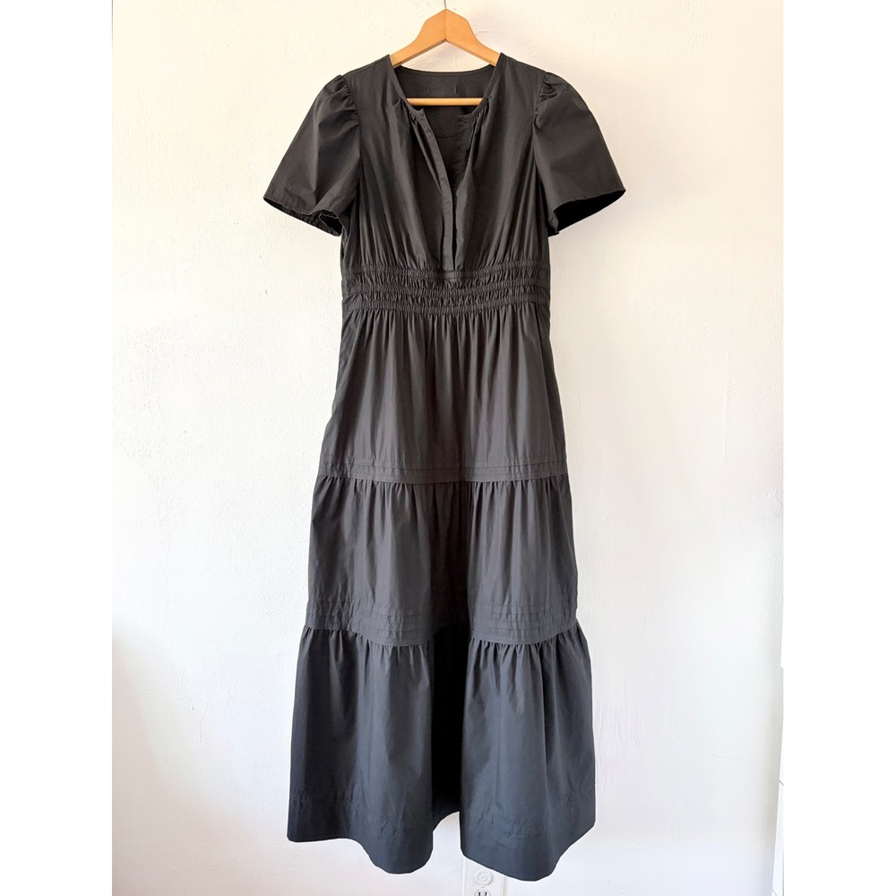 Quince Womens M Black Organic Cotton Tiered Maxi Puff Sleeve
